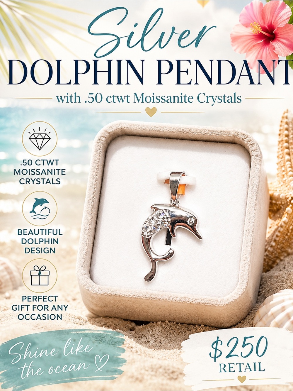 Silver Dolphin Pendant with .50 ctwt Moissanite Crystals $250 retail
